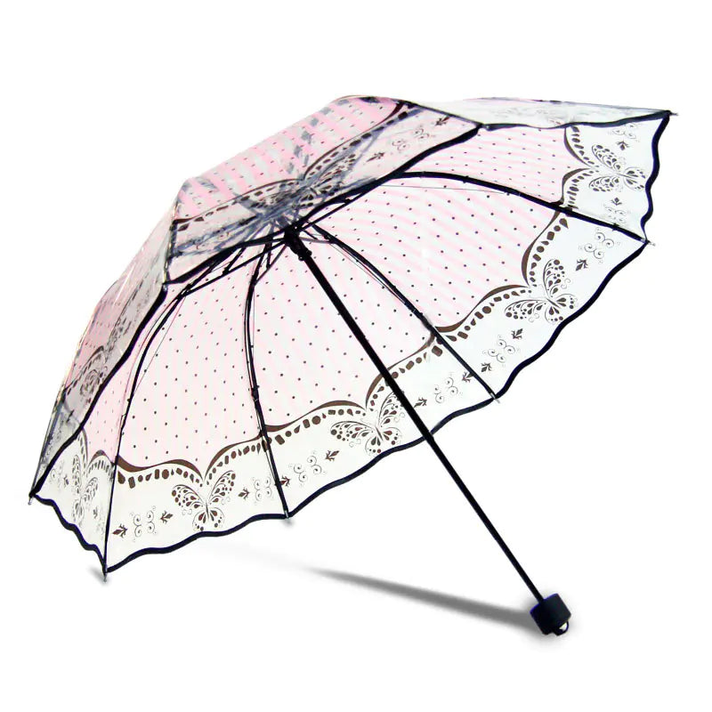 Transparent Black Floral Folding Umbrella