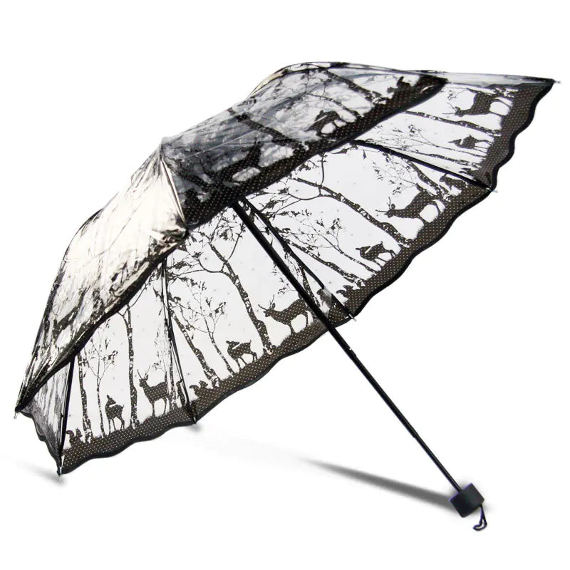 Transparent Black Floral Folding Umbrella