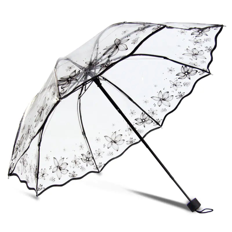Transparent Black Floral Folding Umbrella