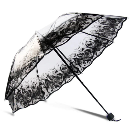 Transparent Black Floral Folding Umbrella